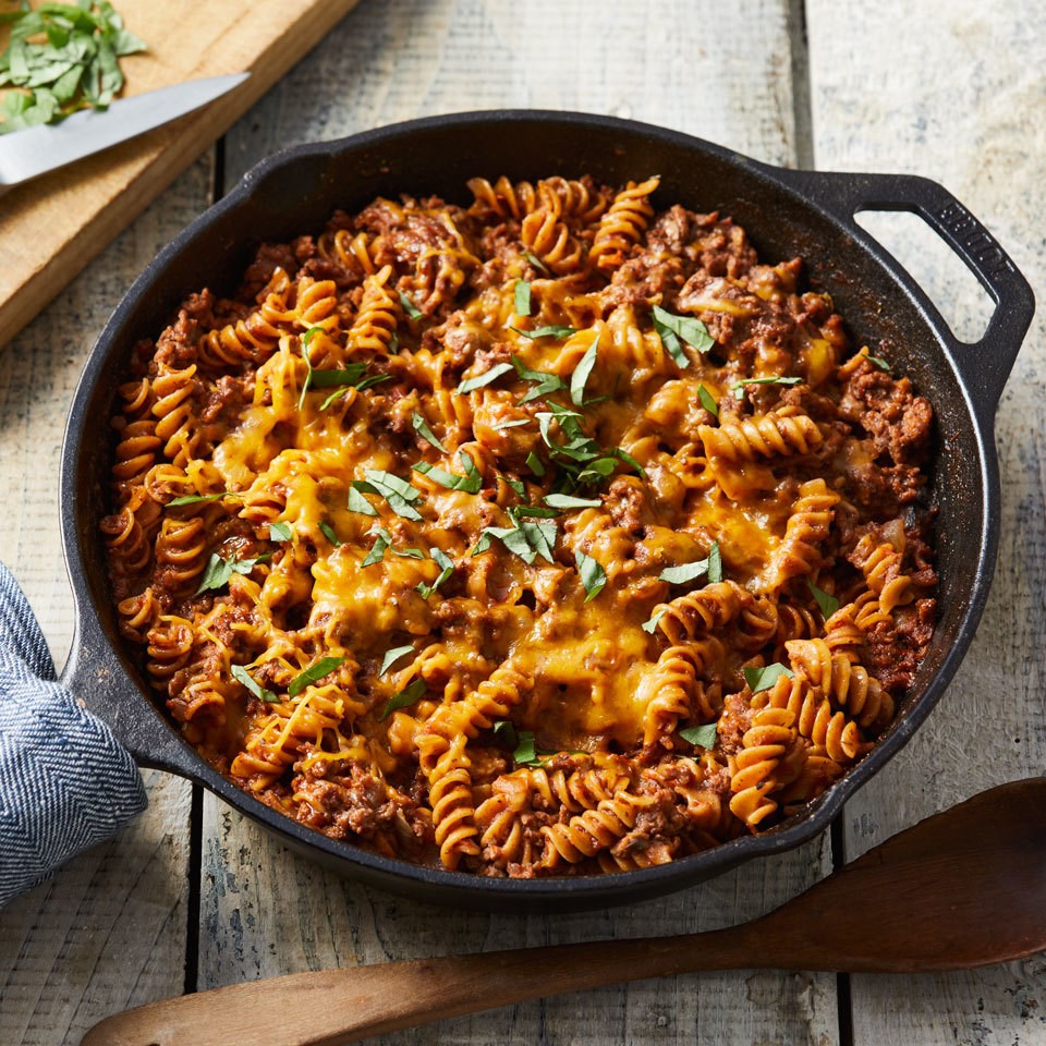 Ground Beef & Pasta Skillet recipe with vegetable for an extra-healthy twist on a dinnertime favorite