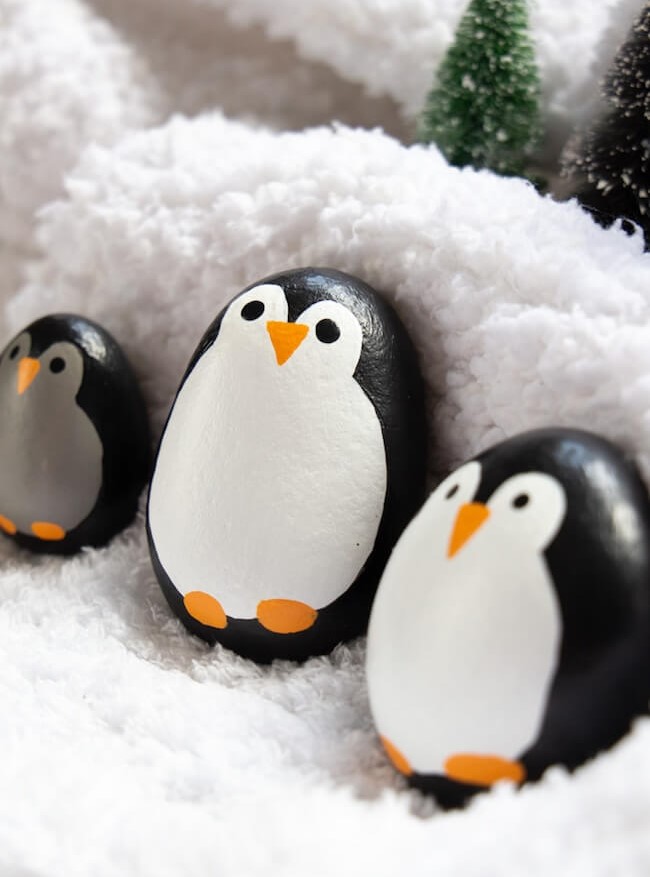 Penguin family painted rocks