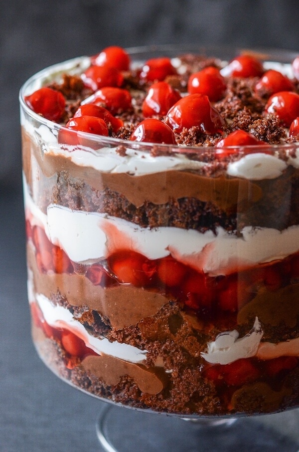 Black forest trifle a layers of chocolate cake, chocolate pudding, whipped cream and cherry filling