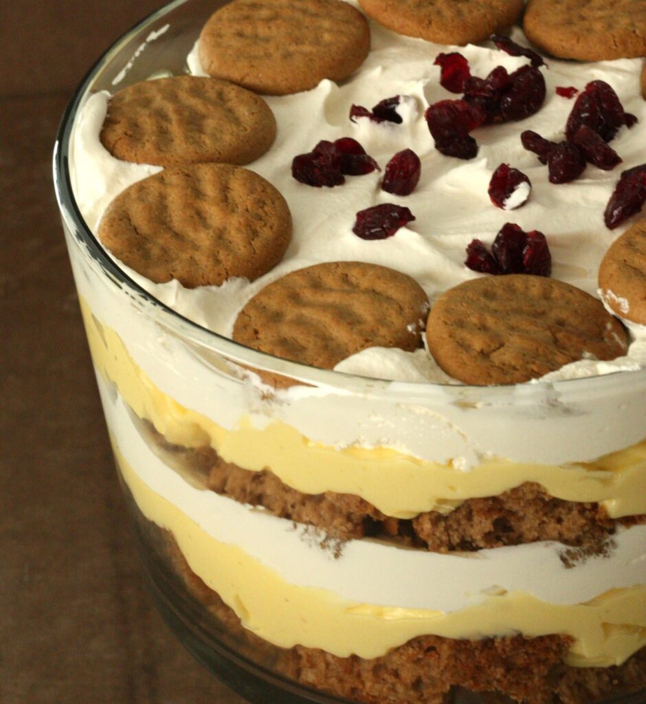 Eggnog Gingerbread Trifle topped with gingersnaps and craisins