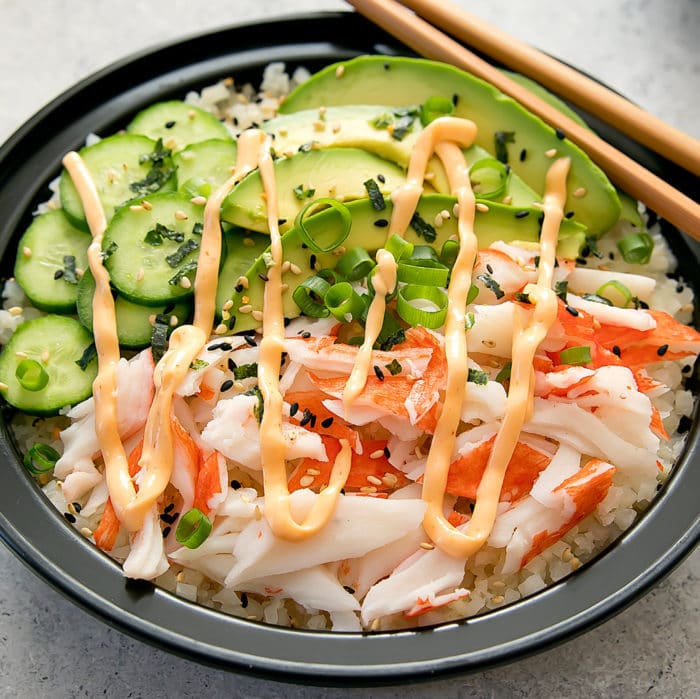 Deconstructed California sushi roll bowls with cauliflower rice meal prep