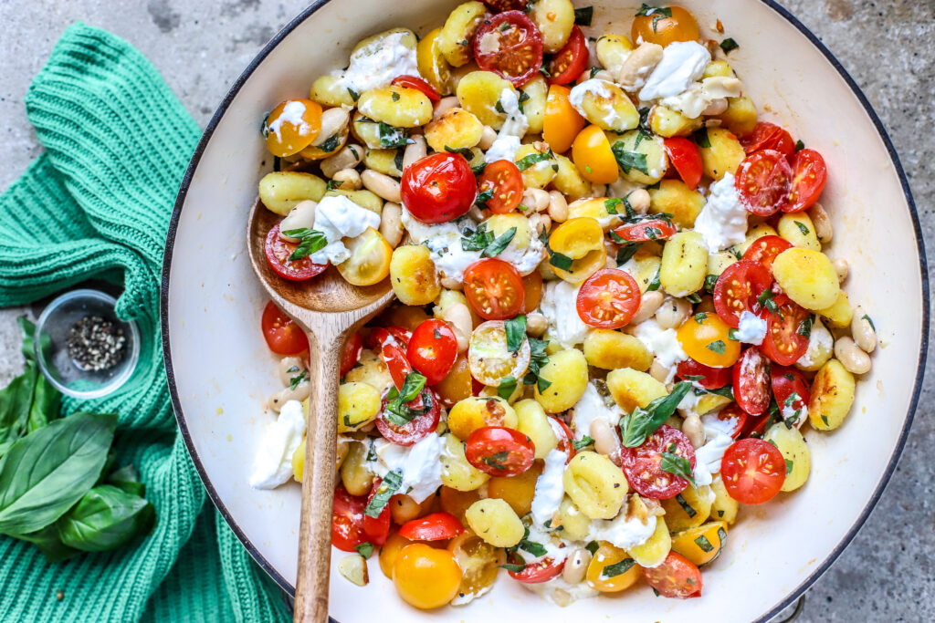 Pan-Fried Caprese Gnocchi with Burrata and Beans
