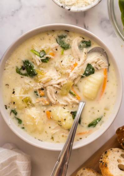 Chicken Gnocchi Soup loaded with tender chicken, vegetables, and spinach