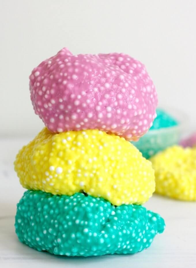 different colors of crunchy slime using foam beads