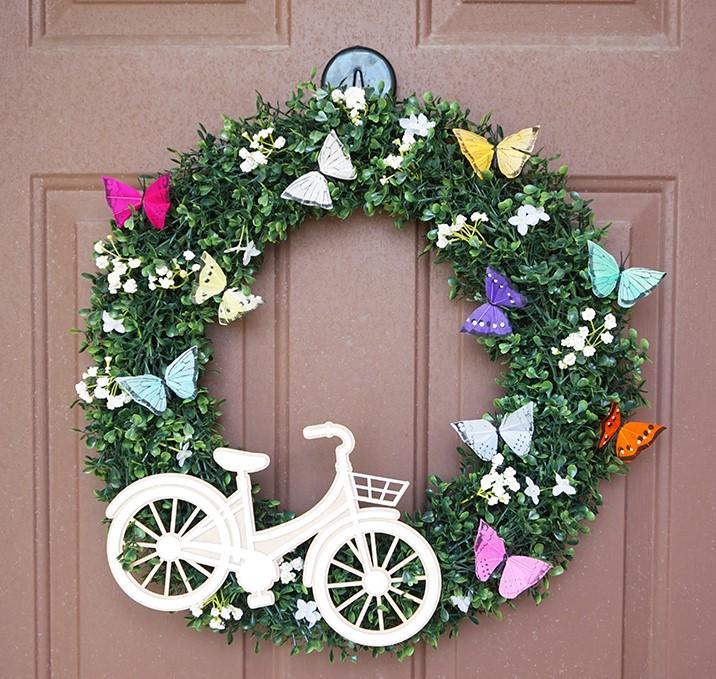 Bicycle & Butterfly Spring Wreath made with feather butterflies