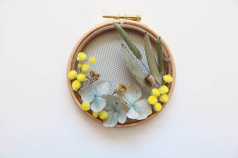 embroidered hoop art with dried flowers