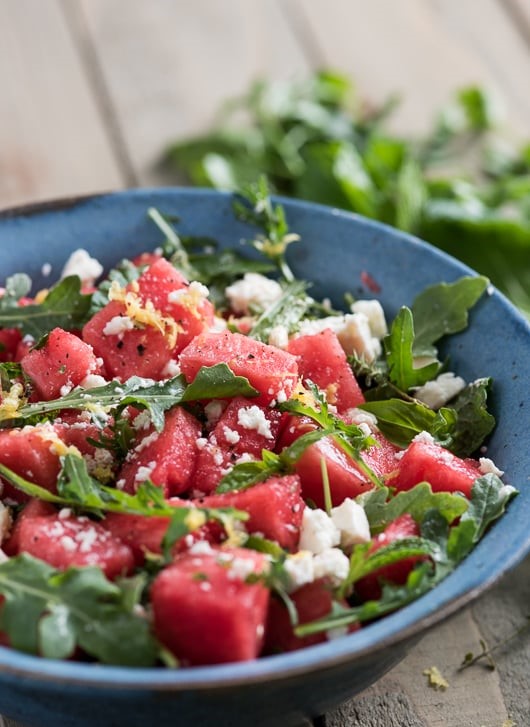 refreshing and super fresh arugula watermelon feta salad