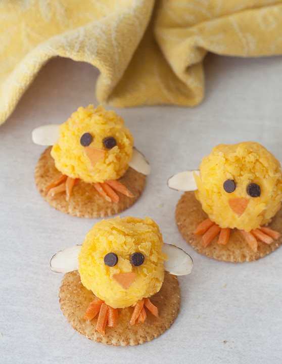 Baby Chick Mini Cheese Balls recipe holiday table for an Easter appetizer for kids