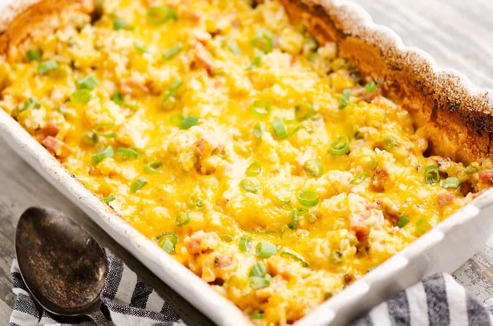 Cheesy Ham & Rice Casserole with cheddar, Parmesan and peas