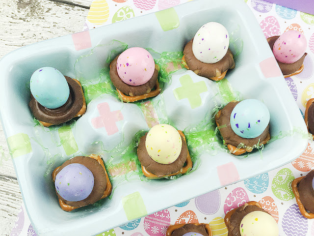 chocolate-covered caramel candies melted onto a crunchy, salty pretzel and topped with a malted Easter Egg candy