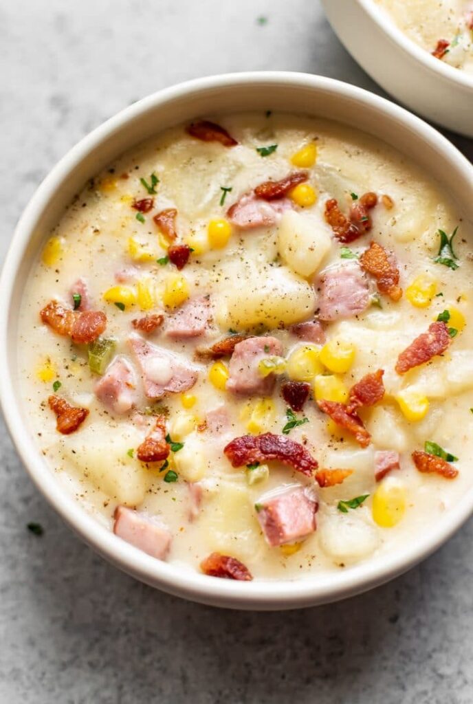 ham and corn chowder recipe loaded with potatoes, bacon, and plenty of corn