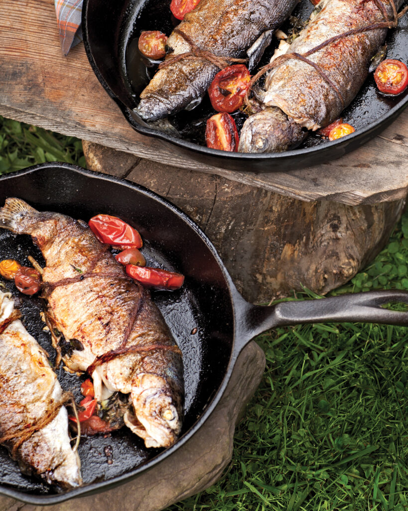 Grilled fish in a skillet