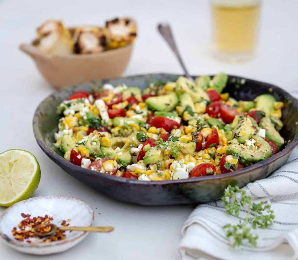grilled corn, feta and avocado salad with lime dressing the perfect summer side dish