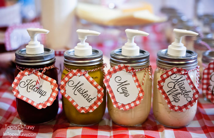 Mason Jar condiment dispensers with tags