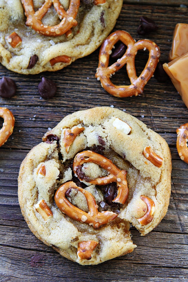 chocolate chip cookies with salted caramel, pretzels, and a sprinkling of sea salt