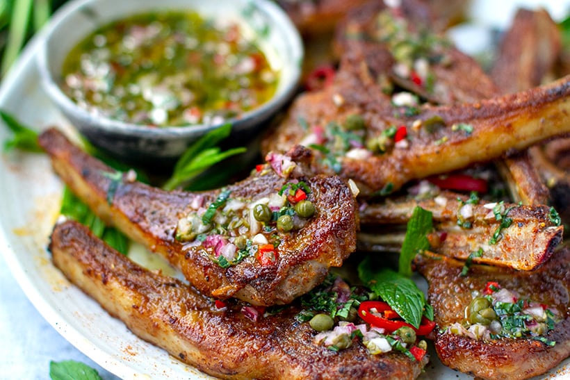 SPICED PAN-FRIED LAMB CHOPS WITH MINT VINAIGRETTE gluten-free, paleo, Whole30, low-carb and keto-friendly recipe