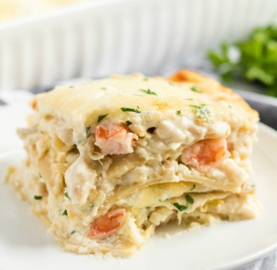 Seafood lasagna a mixture of luscious shrimp and crabmeat