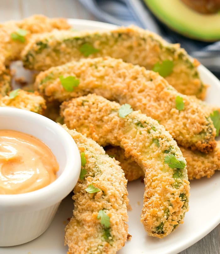 crispy avocado fries coated in a low carb keto-friendly breading