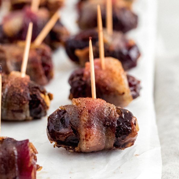 Sweet and savory bacon wrapped dark chocolate & goat cheese stuffed dates