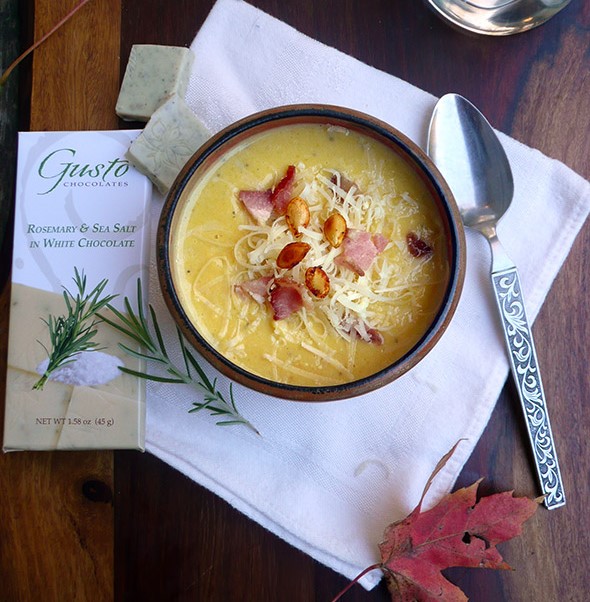 Savory with a hint of sweet rosemary white chocolate butternut soup