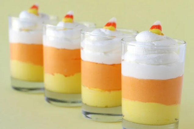 Candy Corn Cheesecake Mousse a special dessert for Halloween party.