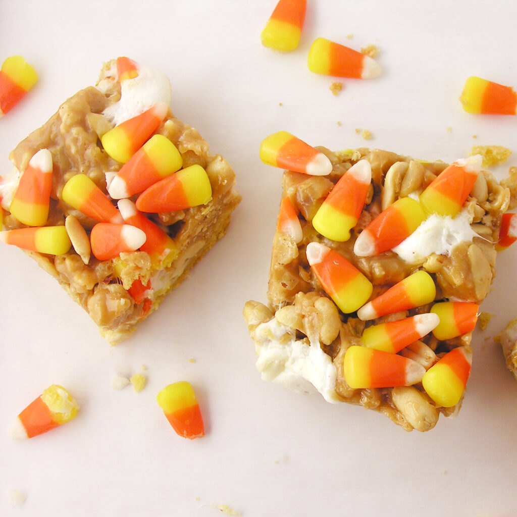 chewy cookie crust topped with peanuts and sweet candy corn