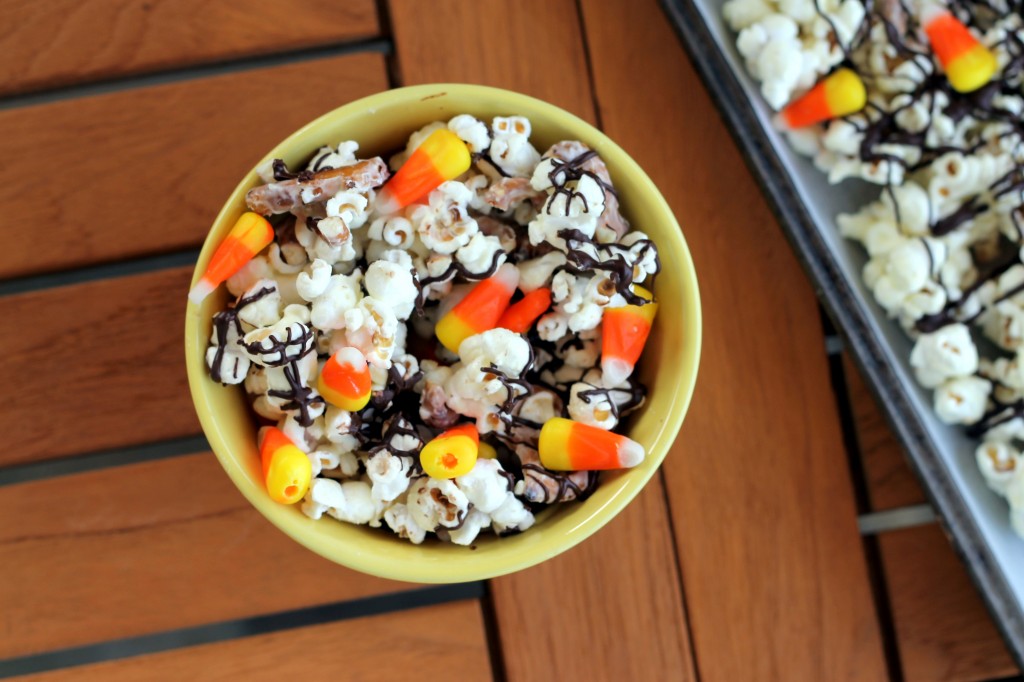 White Chocolate Candy Corn Popcorn with a drizzle of dark chocolate