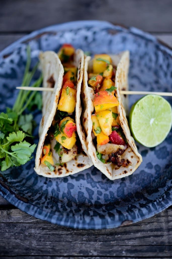 Grilled Chipotle Fish Tacos with a refreshing Peach Salsa