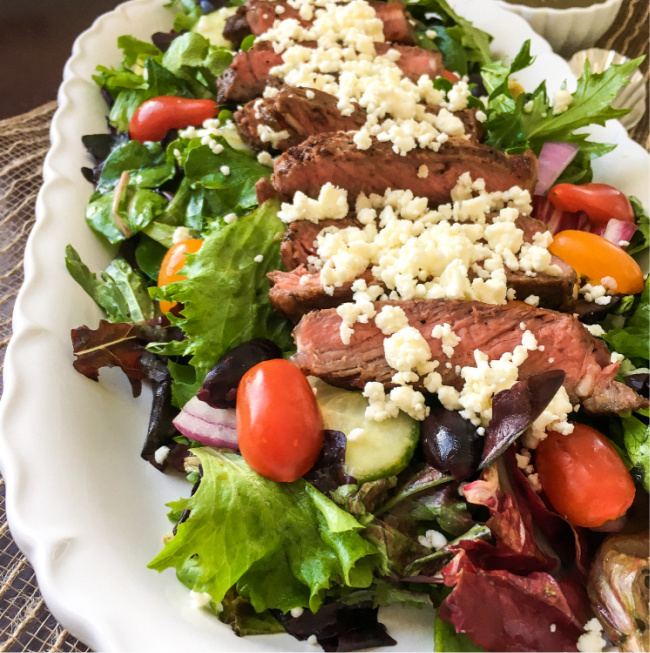 farm-fresh Greek steak a perfect main dish salad to have for summer meals