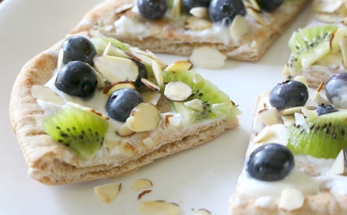 No Bake fruit pizzas it has kiwi, berries, and almonds perfect for your kids Lunchables
