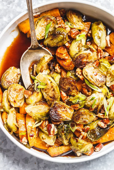 Roasted Brussels Sprouts and Sweet Potato with Balsamic Honey Glaze a tasty fall side dish