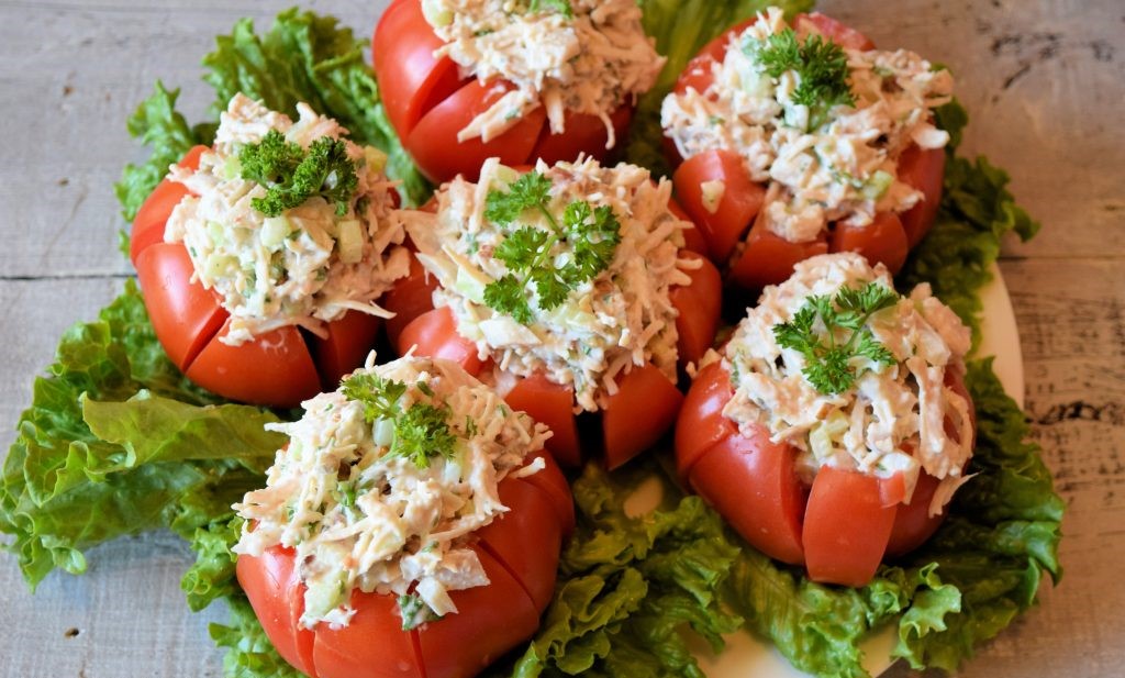 tasty and colorful Rustic Chicken Salad Stuffed Tomatoes