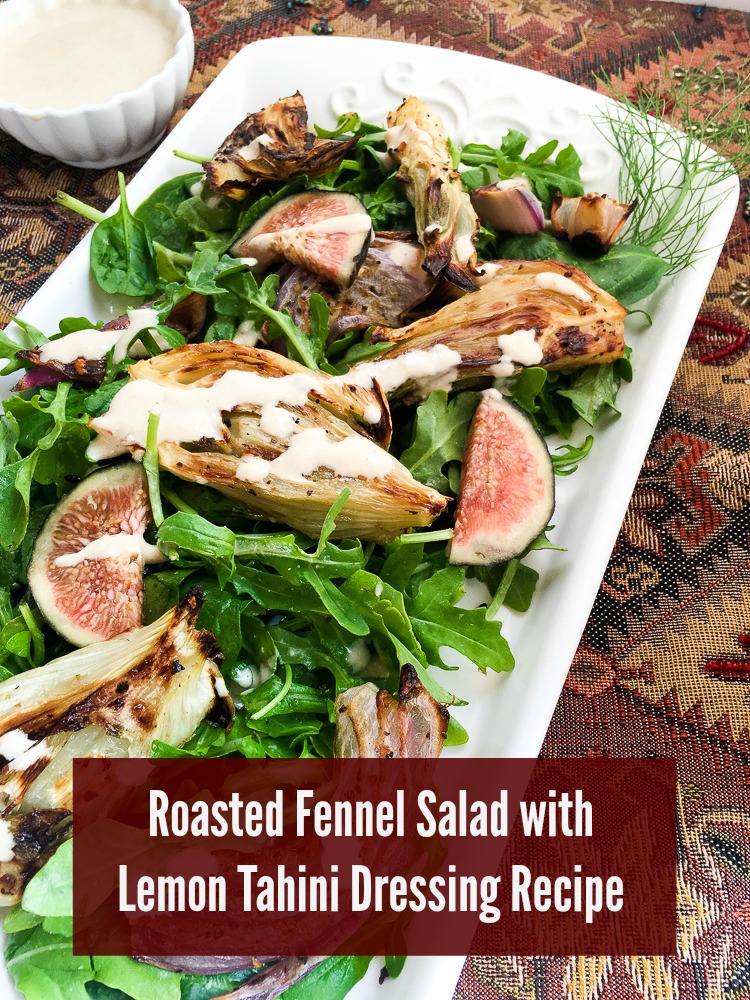 Roasted Fennel Salad with Lemon Tahini Dressing garnish with fennel fronds