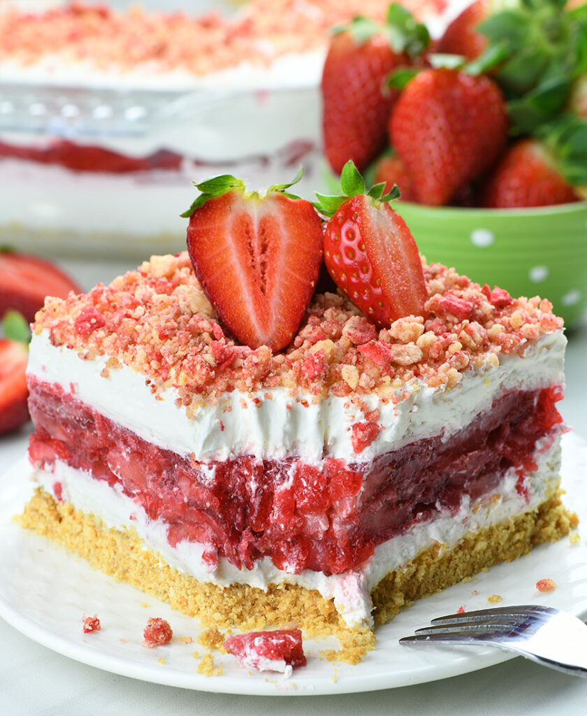 Strawberry Jello Lasagna with strawberry crunch topping