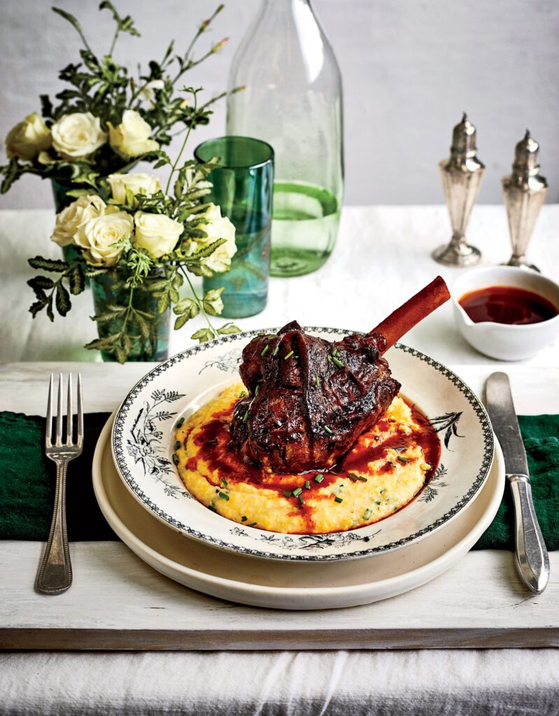 Slow cooker Braised Lamb Shanks with Parmesan-Chive Grits perfect for the coming Holidays