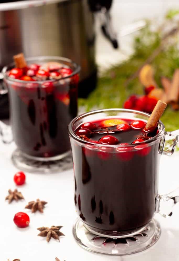slow cooker mulled wine with cinnamon, star anise, and cloves.