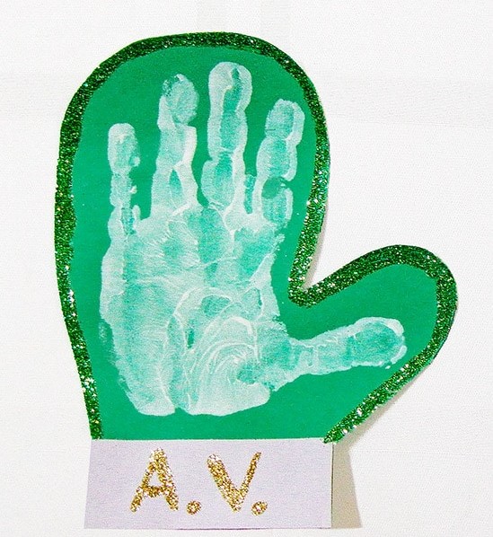Sparkly green handprint mittens