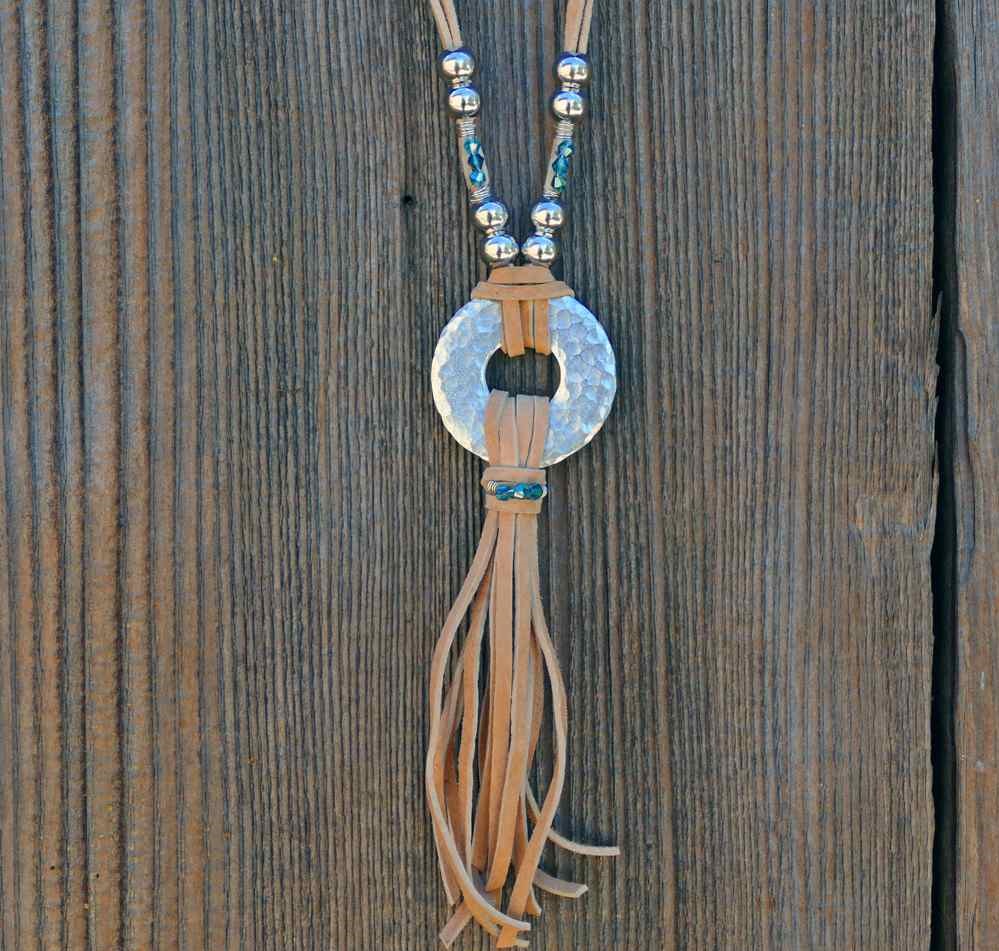 Boho leather tassel necklace with hammered washer