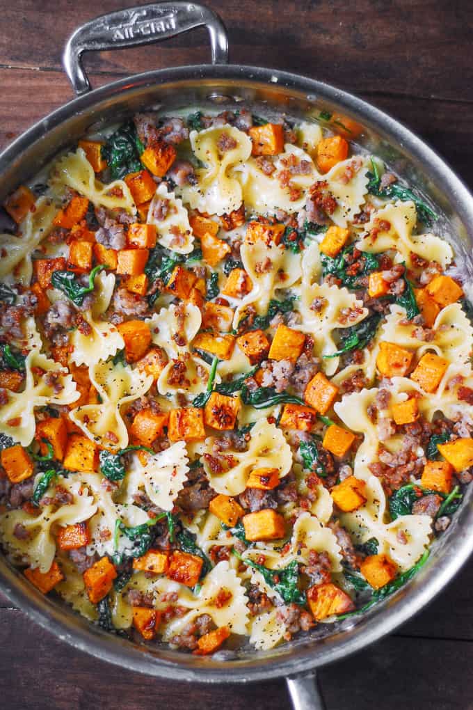 Creamy Butternut Squash Pasta with Sausage and Spinach a perfect Winter family weeknight dinner