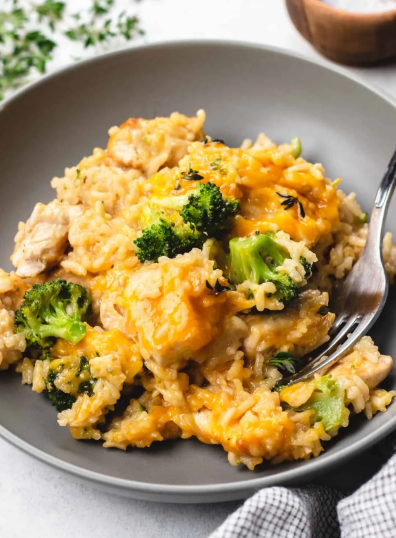 delicious cheesy chicken and rice casserole loaded with broccoli and cheddar cheese