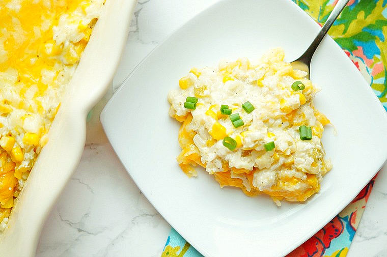 tangy, cheesy, and delicious Cheesy corn and green chile rice