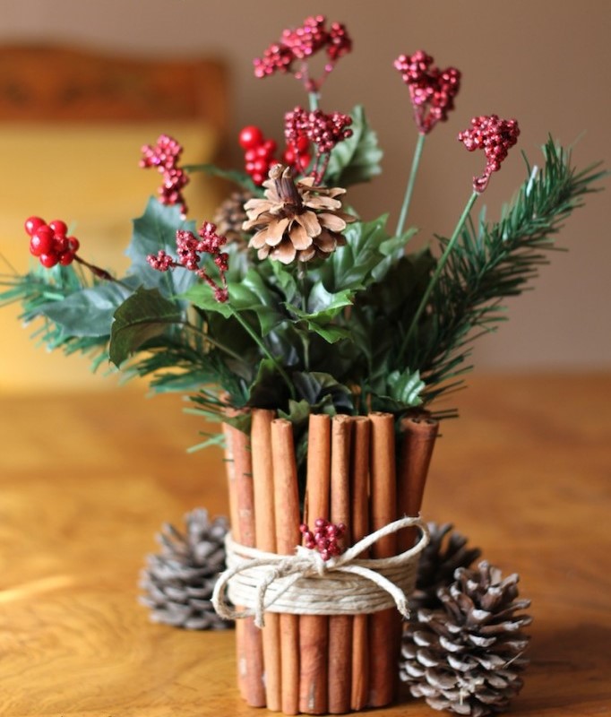 Cinnamon stick floral centerpiece for Christmas