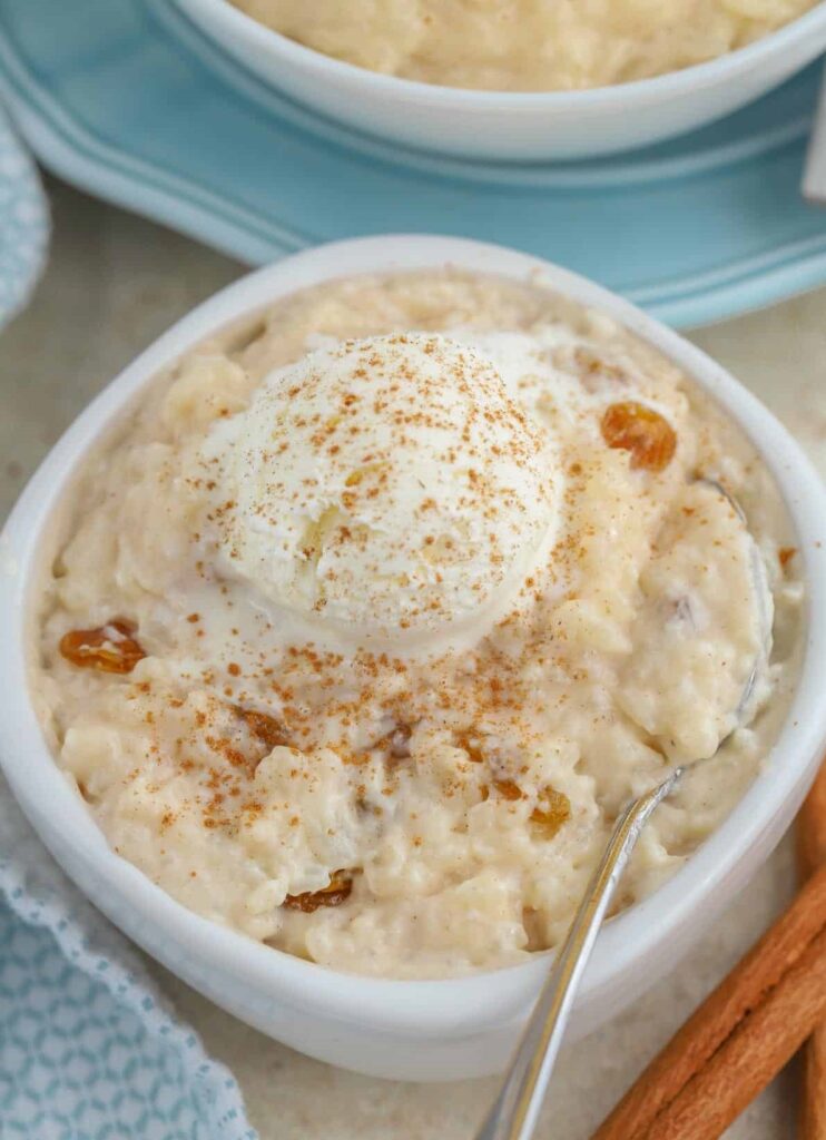 creamy Rice Pudding flavored with cinnamon and vanilla