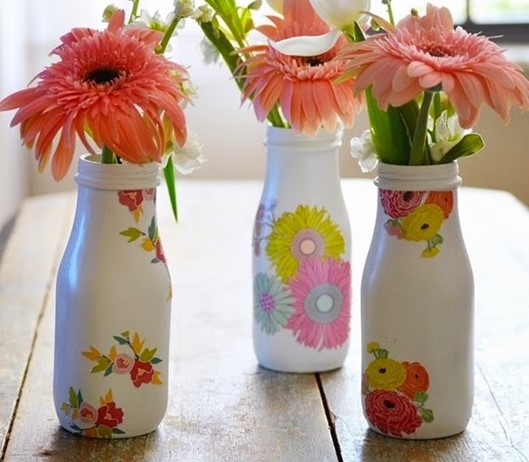 Floral designed decoupage milk bottles