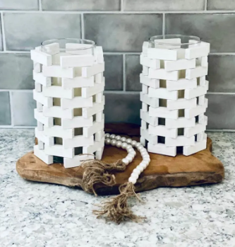 Farmhouse candle holder made with The Dollar Tree Tumbling Tower game p0ieces
