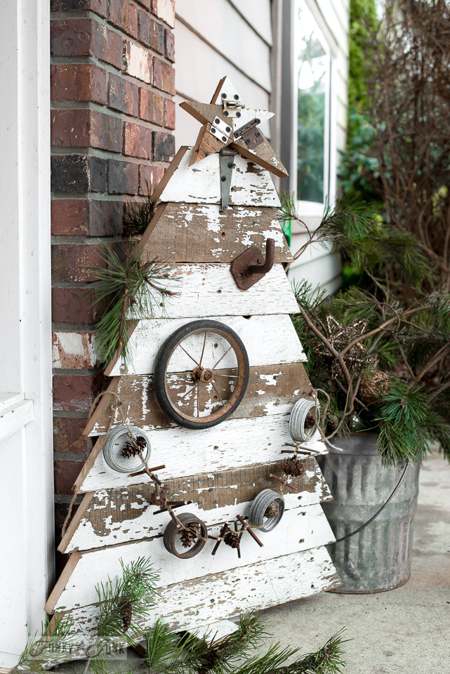 rustic DIY reclaimed wood Christmas tree and star using free scrap wood