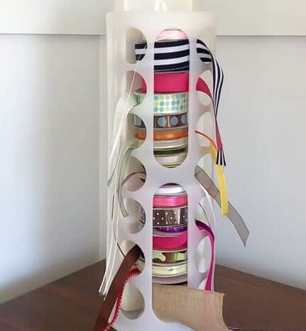 DIY ribbon holder using Ikea Variera plastic bag dispenser