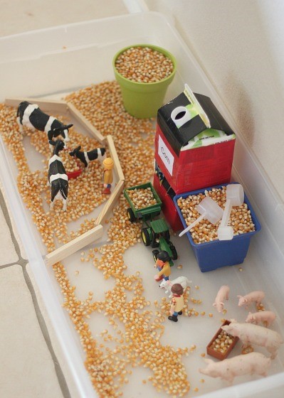 farm sensory bin with a corn silo that loads a tractor