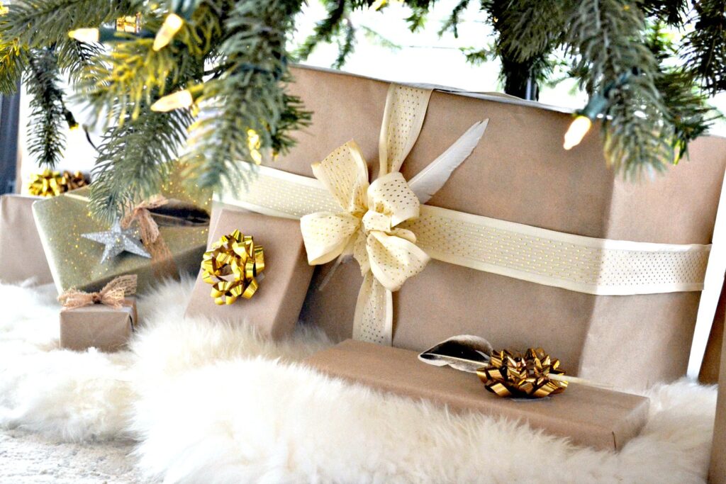 Brown Wrapping Paper with Feathers and Gold Ribbon