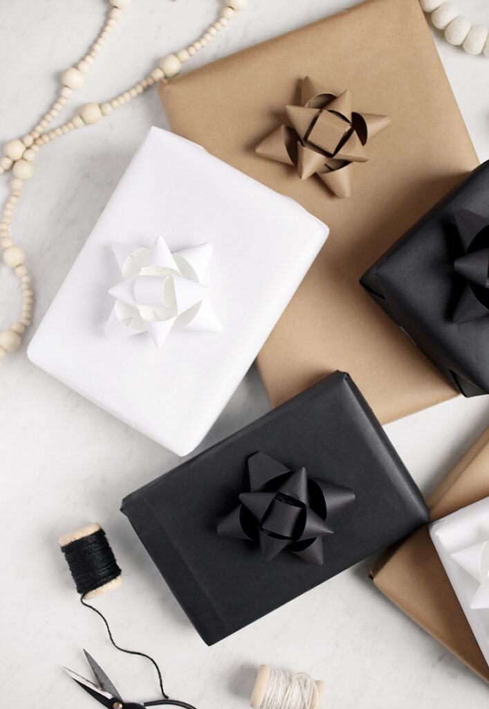 Monochrome gift wrap for Christmas and DIY paper bows